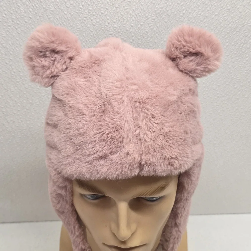 Zara Cozy Chic Toddler Girls Cotton Lined Baby Pink Soft Fluffy Bear Ears Hat